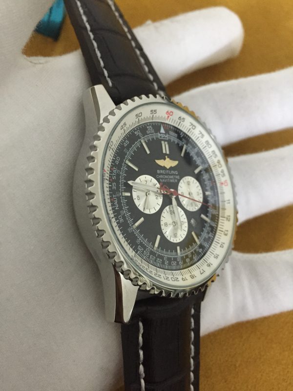 Swiss Breitling Navitimer Black Dial black leather strap steel case-4