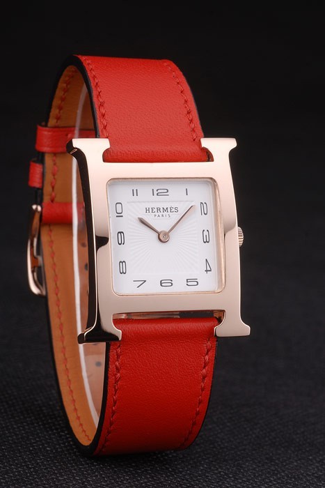 Hermes Heure H Rose Gold Bezel White Dial Red Leather Strap 80233-2
