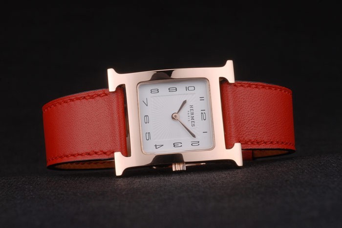 Hermes Heure H Rose Gold Bezel White Dial Red Leather Strap 80233-3