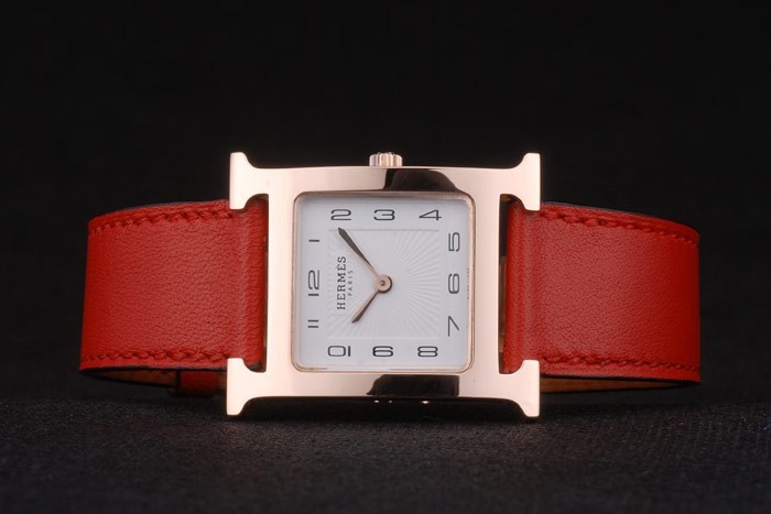 Hermes Heure H Rose Gold Bezel White Dial Red Leather Strap 80233-4