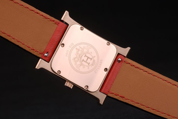 Hermes Heure H Rose Gold Bezel White Dial Red Leather Strap 80233-6