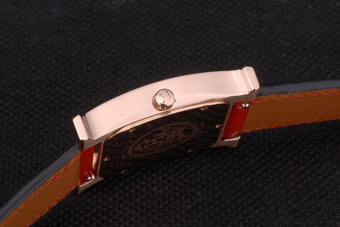 Hermes Heure H Rose Gold Bezel White Dial Red Leather Strap 80233-7