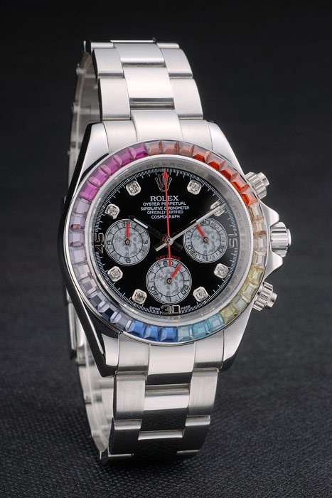 Rolex Daytona Cosmograph Rainbow Crystals Bezel Stainless Steep Strap Black Dial 80250-2