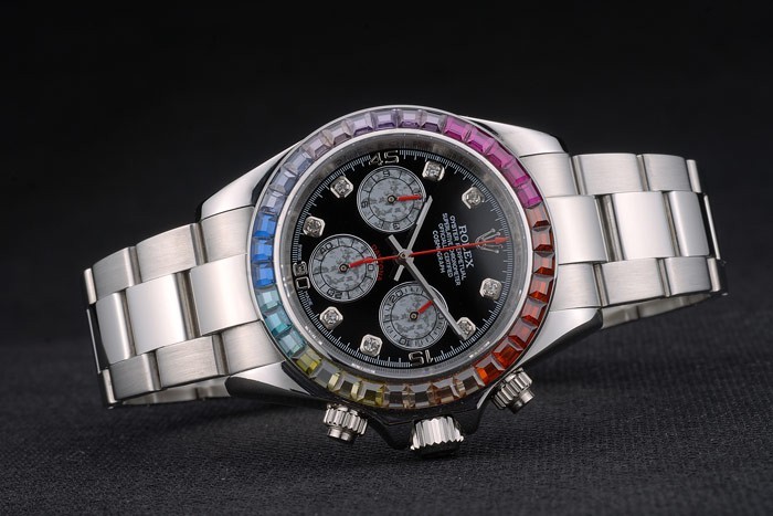 Rolex Daytona Cosmograph Rainbow Crystals Bezel Stainless Steep Strap Black Dial 80250-3