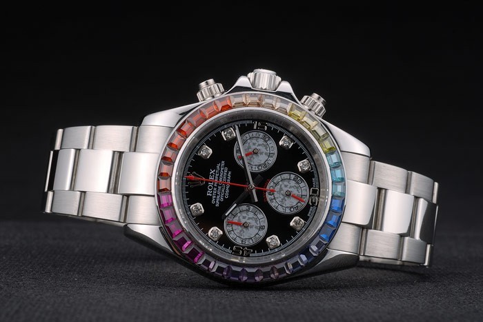 Rolex Daytona Cosmograph Rainbow Crystals Bezel Stainless Steep Strap Black Dial 80250-4