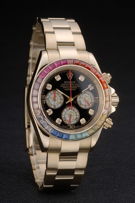 Rolex Daytona Cosmograph Rainbow Crystals Bezel Rose Gold Strap Black Dial 80251-2