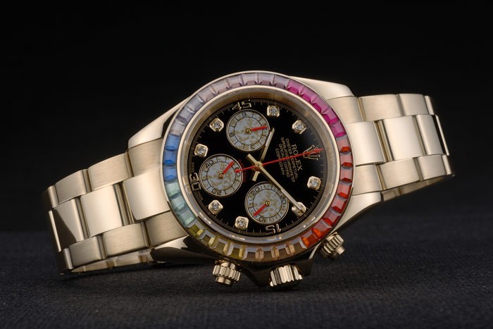 Rolex Daytona Cosmograph Rainbow Crystals Bezel Rose Gold Strap Black Dial 80251-3
