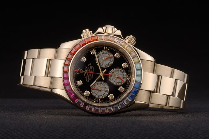 Rolex Daytona Cosmograph Rainbow Crystals Bezel Rose Gold Strap Black Dial 80251-4