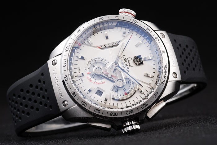 Swiss Tag Heuer Carrera Tachymeter Bezel Black Perforated Rubber Strap White Dial-2