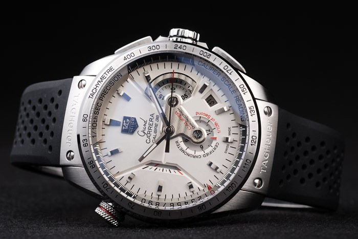 Swiss Tag Heuer Carrera Tachymeter Bezel Black Perforated Rubber Strap White Dial-3