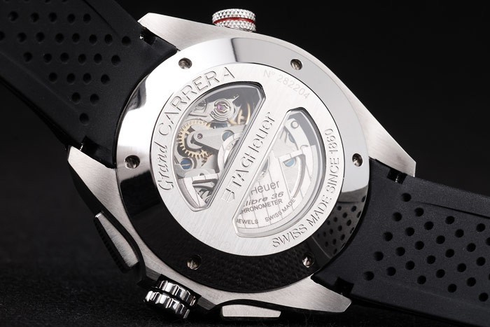 Swiss Tag Heuer Carrera Tachymeter Bezel Black Perforated Rubber Strap White Dial-6