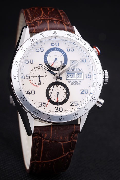 Swiss Tag Heuer Carrera Tachymeter Bezel Dark Brown Leather Strap White Dial-2