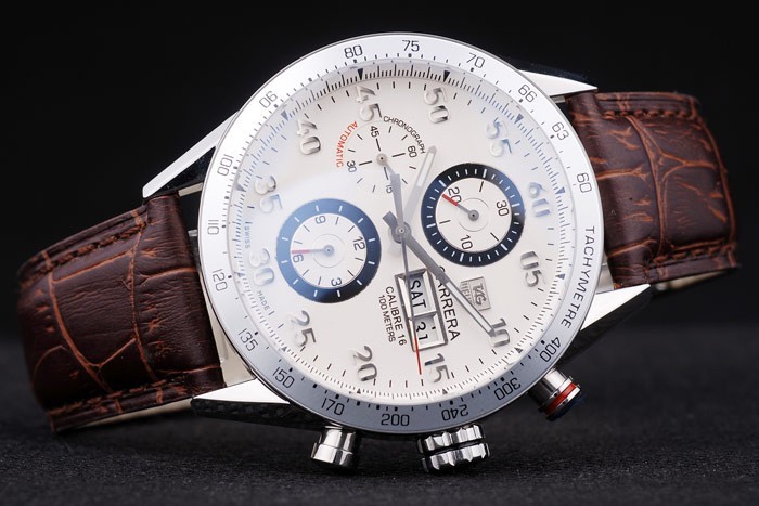 Swiss Tag Heuer Carrera Tachymeter Bezel Dark Brown Leather Strap White Dial-3