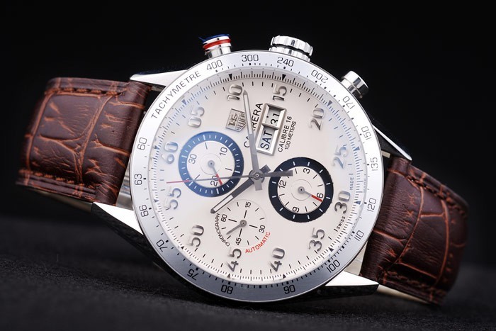 Swiss Tag Heuer Carrera Tachymeter Bezel Dark Brown Leather Strap White Dial-4