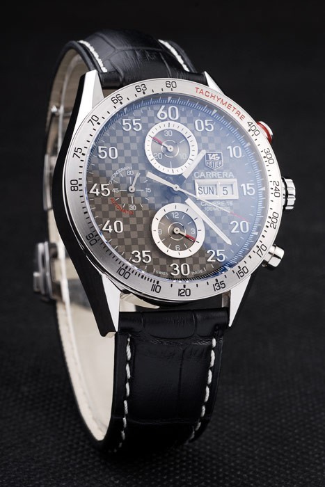 Swiss Tag Heuer Carrera Tachymeter Bezel Black Leather Strap Brown Checkered Dial-2