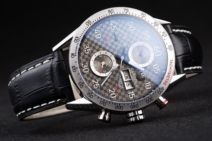 Swiss Tag Heuer Carrera Tachymeter Bezel Black Leather Strap Brown Checkered Dial-3