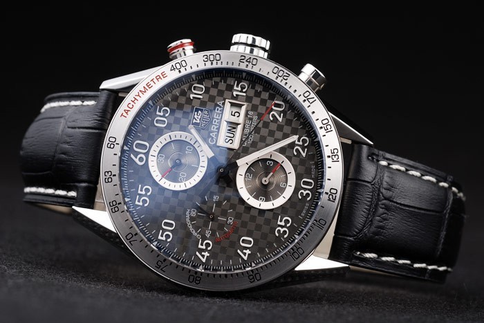 Swiss Tag Heuer Carrera Tachymeter Bezel Black Leather Strap Brown Checkered Dial-4