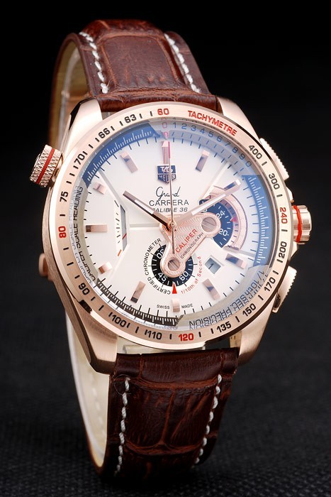 Tag Heuer Carrera Rose Gold Case White Dial Brown Leather Strap-3