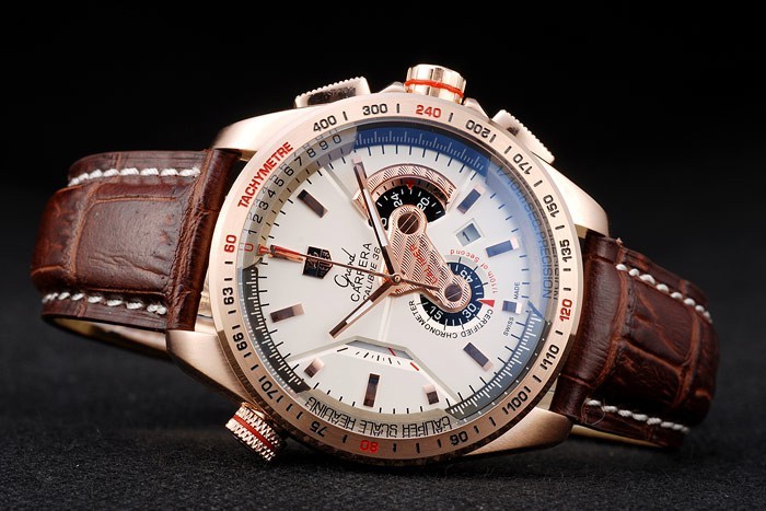 Tag Heuer Carrera Rose Gold Case White Dial Brown Leather Strap-5