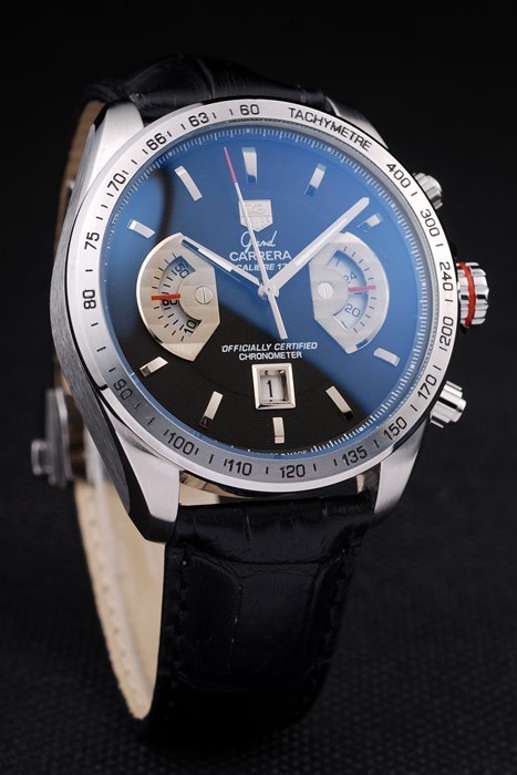 Tag Heuer Carrera Tachymeter Bezel Black Dial Black Leather Strap-2