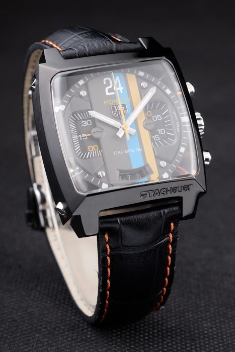 Tag Heuer Monaco Swiss Black Leather Strap Blue-Yellow Striped Black Dial-2