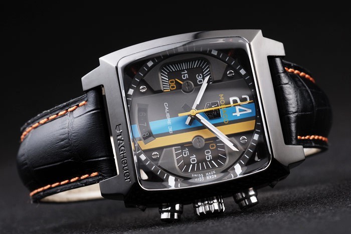 Tag Heuer Monaco Swiss Black Leather Strap Blue-Yellow Striped Black Dial-3