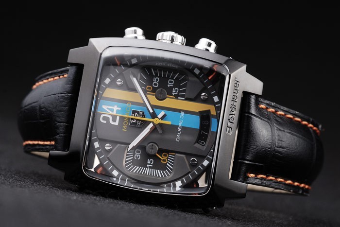 Tag Heuer Monaco Swiss Black Leather Strap Blue-Yellow Striped Black Dial-4