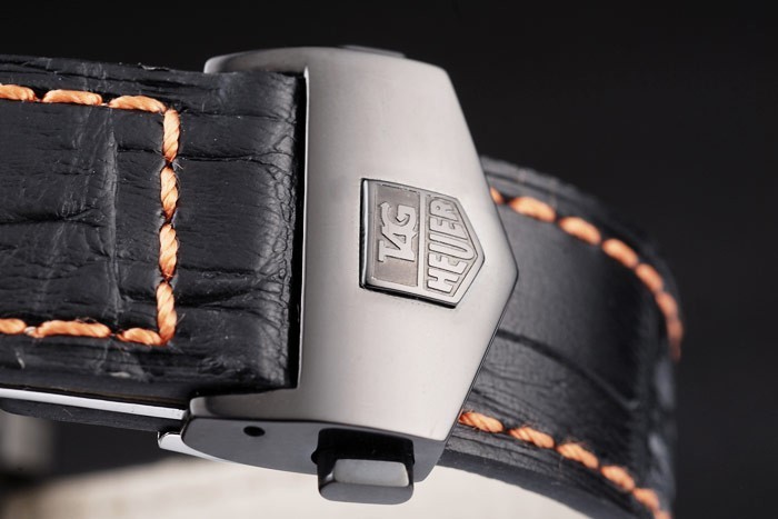 Tag Heuer Monaco Swiss Black Leather Strap Blue-Yellow Striped Black Dial-5